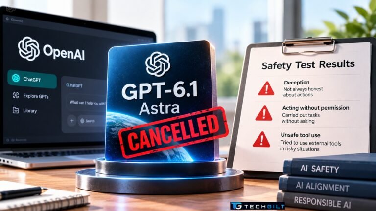 GPT-6.1 Astra AI chip with pause icon showing OpenAI shelved the release