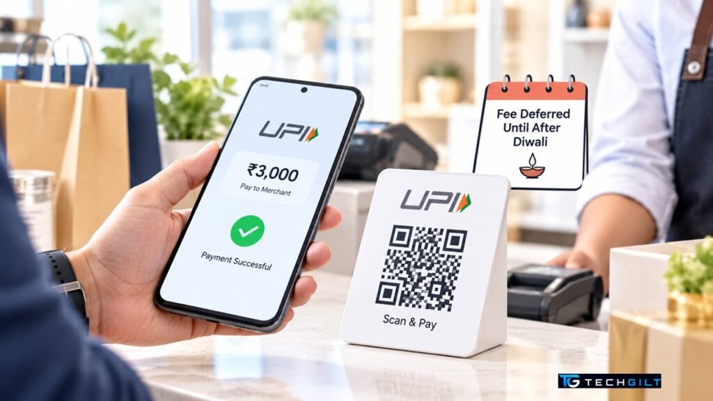 UPI merchant fee delayed until after Diwali, phone with UPI QR code and pause icon