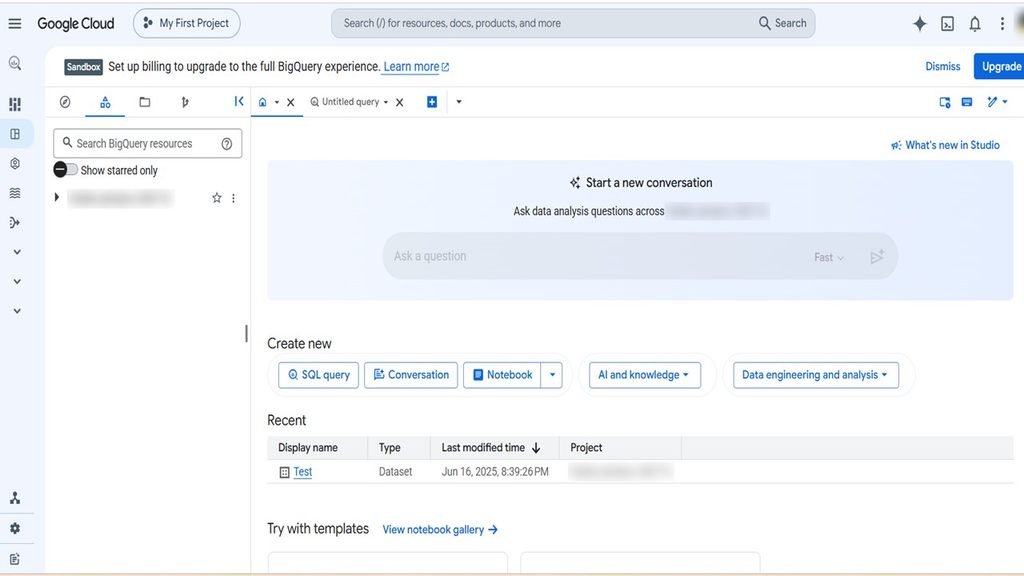BigQuery sandbox console welcome screen in Google Cloud