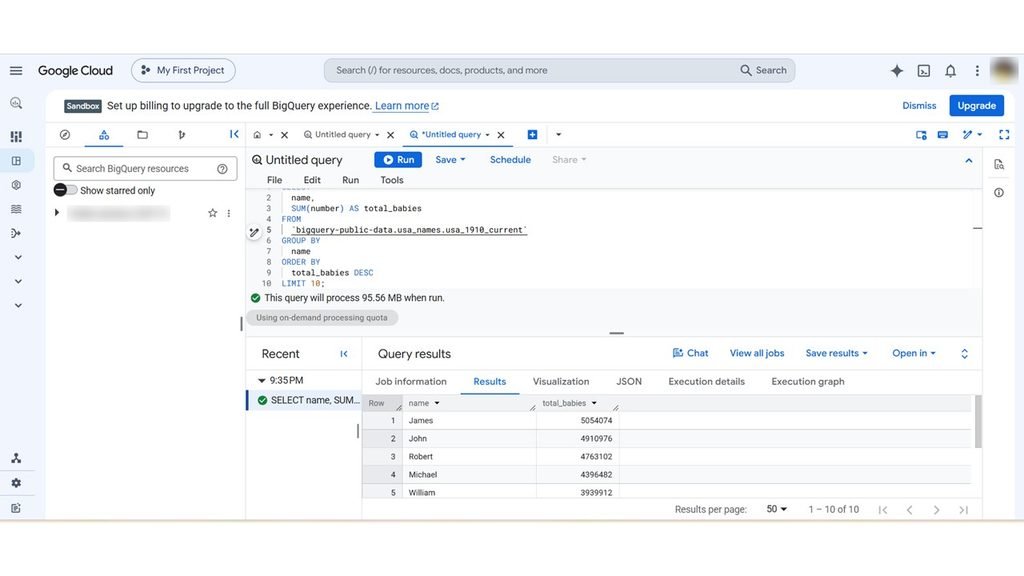 First SQL query and results in the BigQuery sandbox