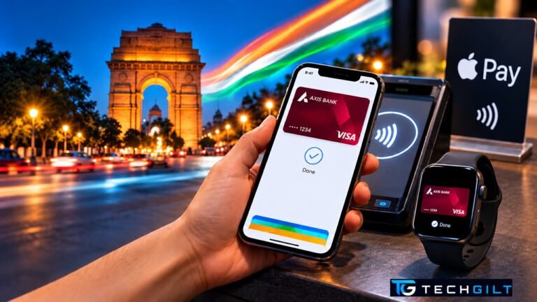Apple Pay in India: hand holding an iPhone with an Axis Bank card at a contactless terminal, India Gate in the background