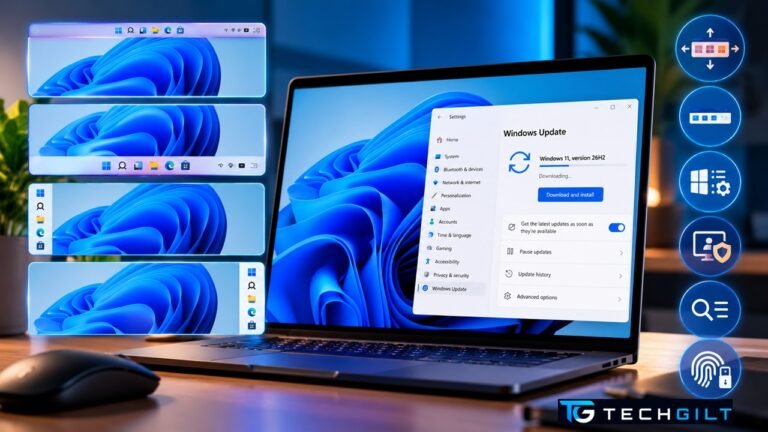 Windows 11 26H2 movable taskbar shown at the top of a desktop screen