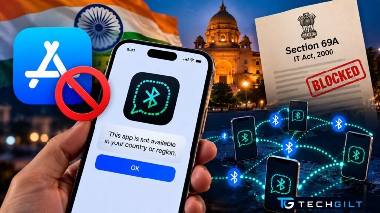Bitchat ban in India shown as a blocked phone in a Bluetooth mesh network